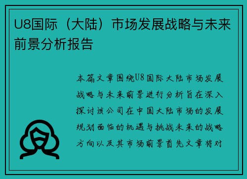 U8国际（大陆）市场发展战略与未来前景分析报告